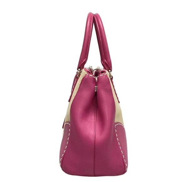 Auth PRADA Canapa City B1801K Beige Pink Leather Canvas Tote Bag - Picture 4 of 16